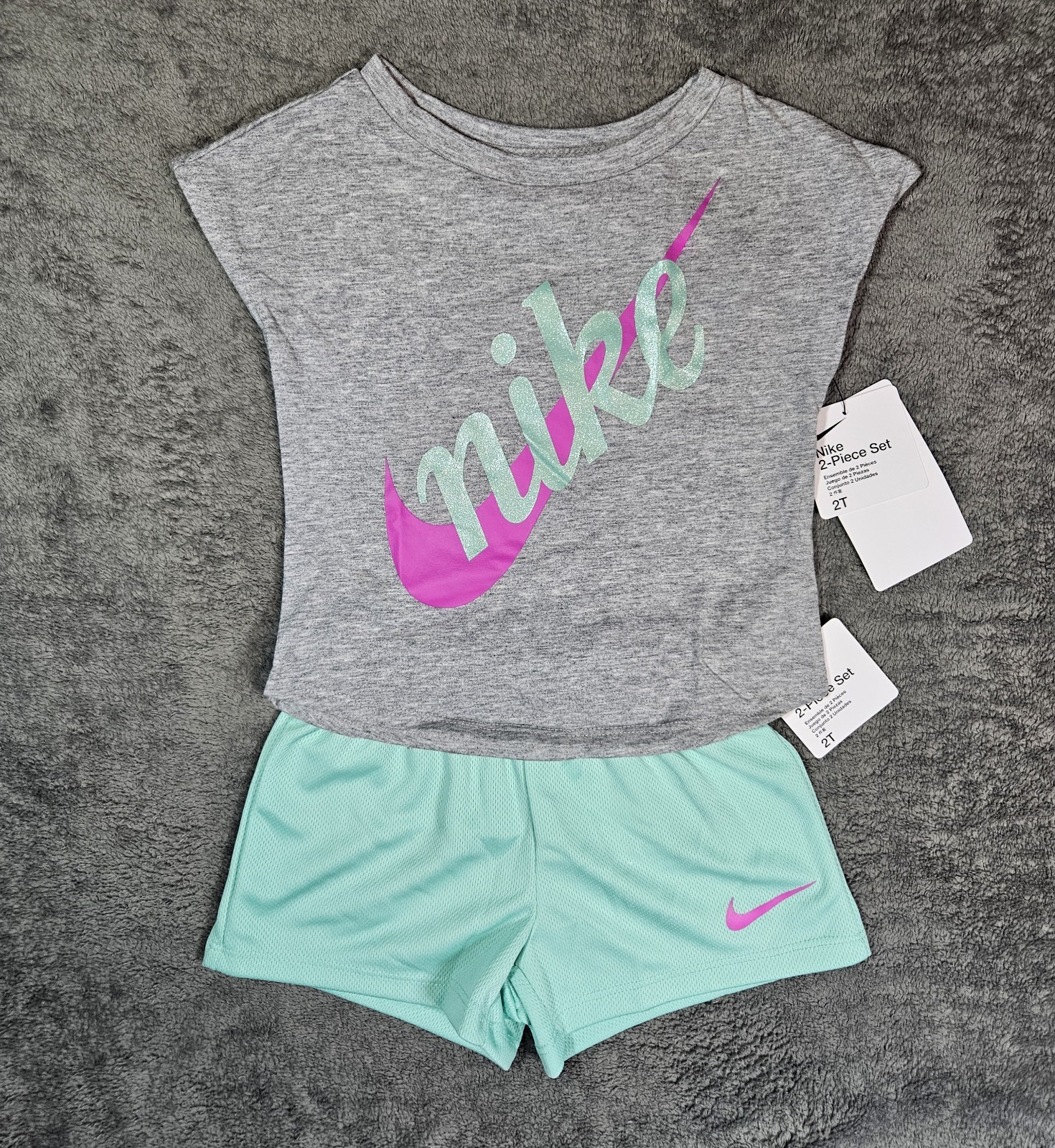 Nike Girls Short Set Toddler Baby Size 2T Sparkle Logo Top Emerald Rise