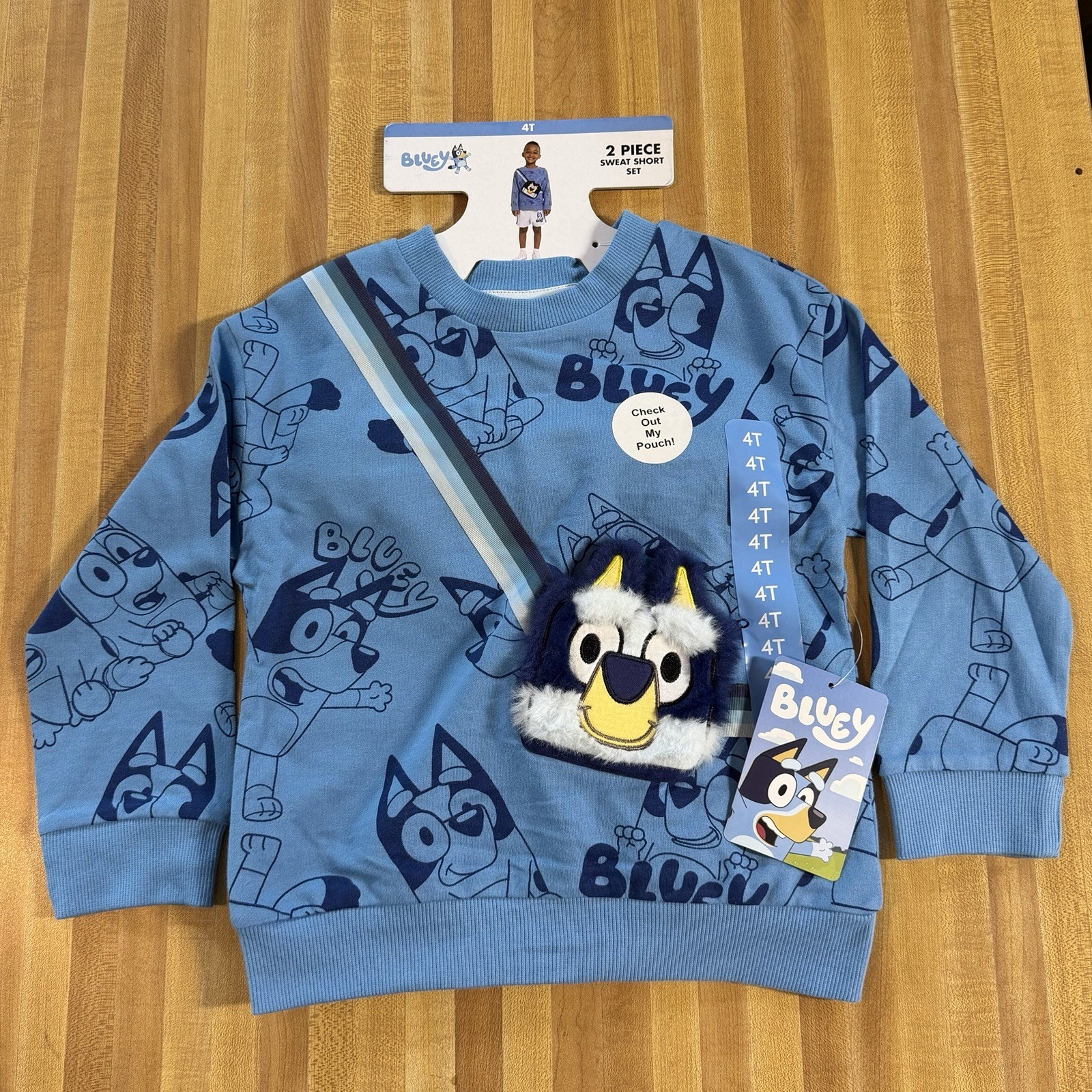 Bluey 2 Piece Sweat Short Set, Boys Size 4T, NWT, Attached Cross Strap Bag Cute!