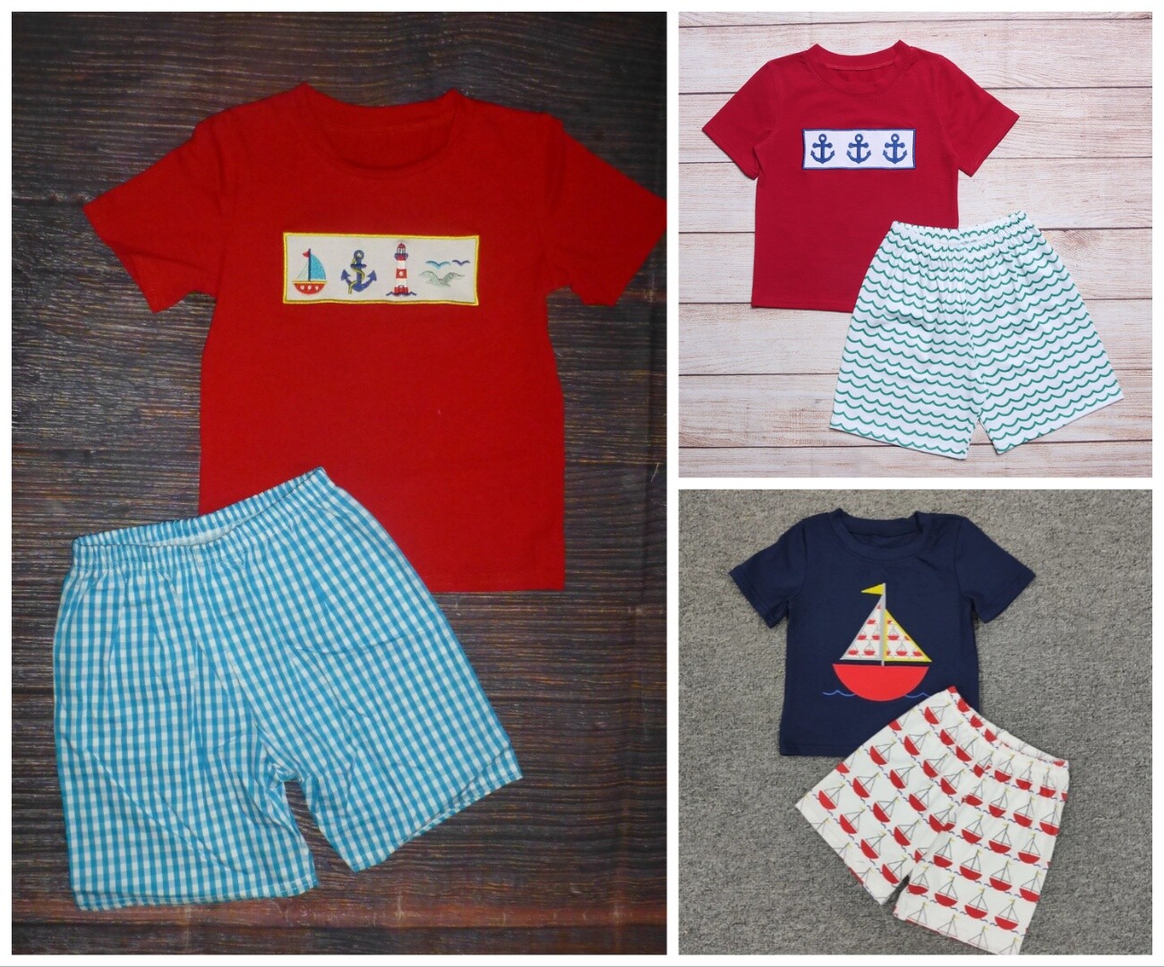 NEW Boutique Boys Shorts Outfit Set Fishing Nautical Sailboat