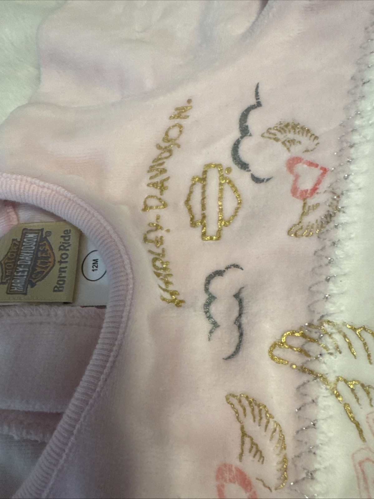 Harley Davidson 12 Month Girl Baby Pink Velour Long Sleeve Top
