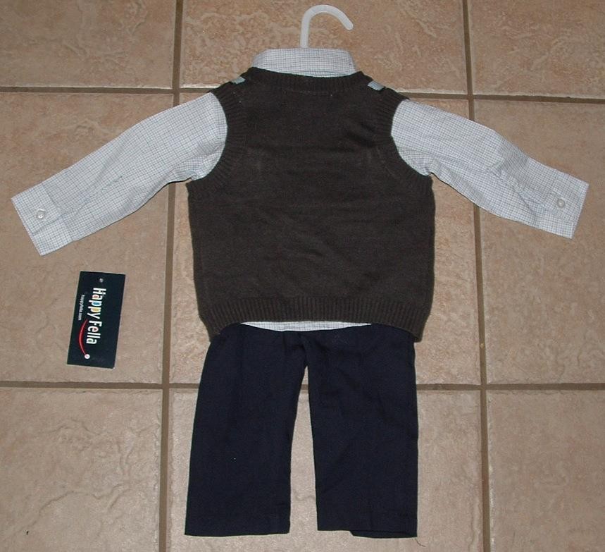 NEW Boy Sz 6-9 Months Pants, Long Sleeve Shirt & Argyle Sweater Vest 3 Pc Outfit