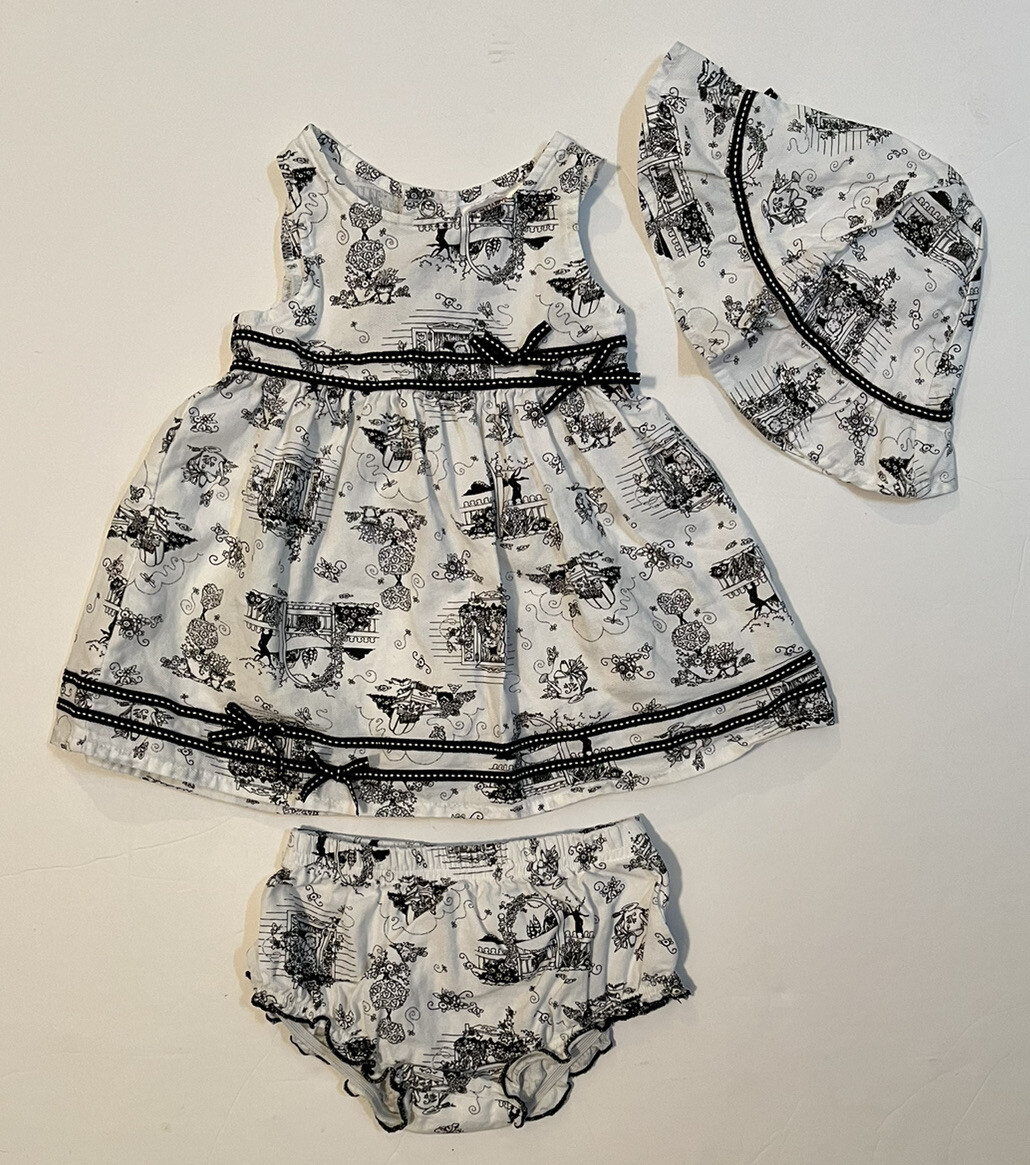 Mary Engelbreit Baby 3 Piece Set Dress Hat Bottoms Black White – Infant 12M