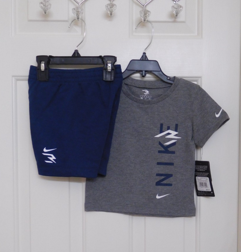 NWT 2pc Nike 3 Brand Gray Navy White Logo Shirt & Navy Shorts sz 24 Months