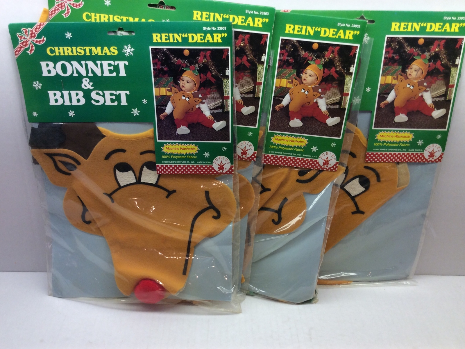 NOS Lot of 4 Rubie’s Costume Christmas Bonnet & Bib Reindeer Rein “DEAR” Set