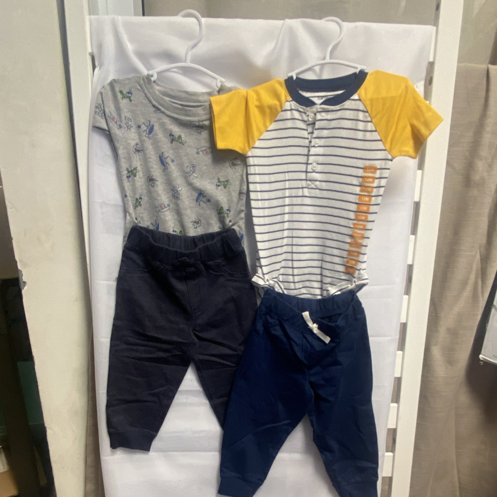 Carter’s 4 Piece Outfit 12M Bugs/Striped Short Sleeve Bodysuit & 2 Pair of Pants