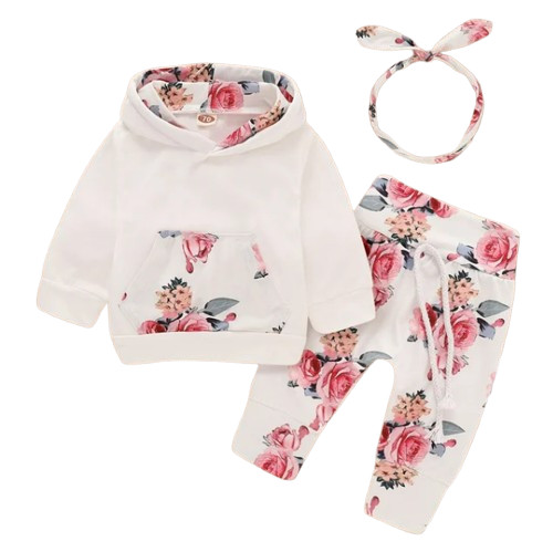Baby Girl Autumn Outfit 3PCS Hooded Top Pants & Bow Headband