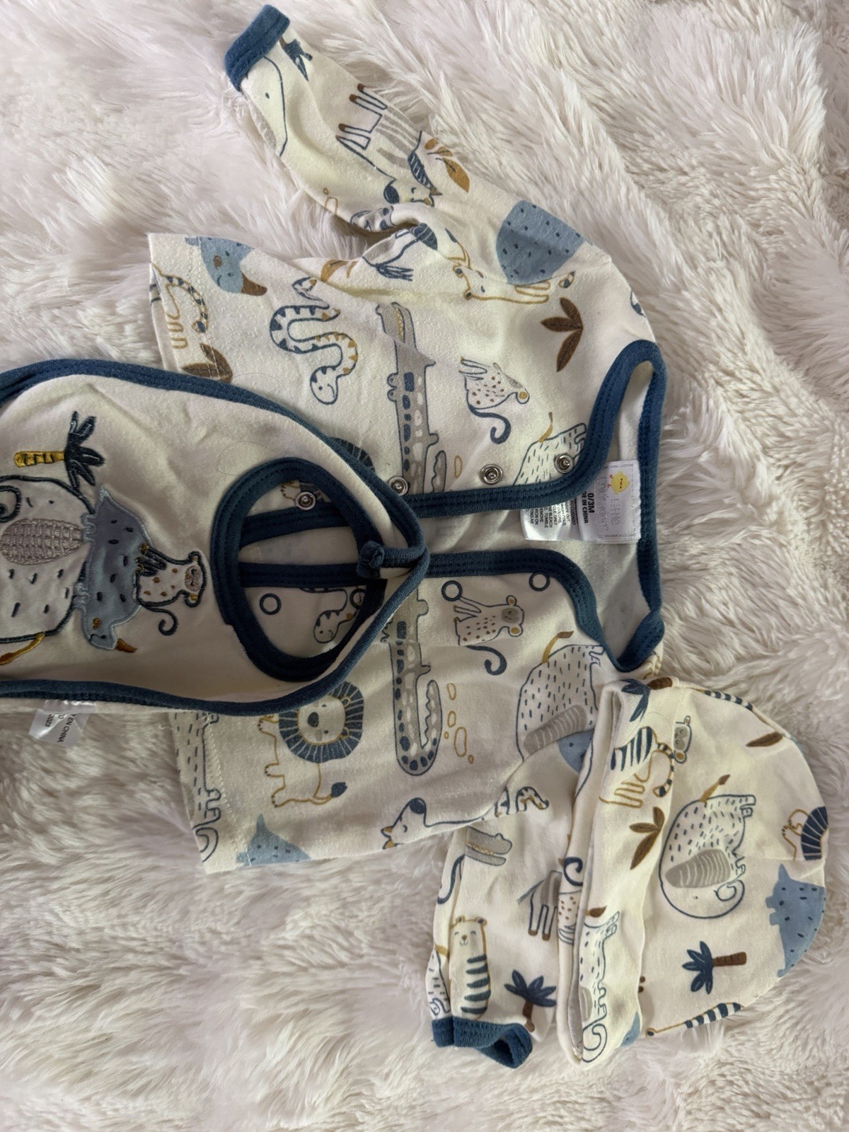 Cloud Island 0-3M 3pc Baby Layette Set Animal Print Hat Bodysuit Shirt