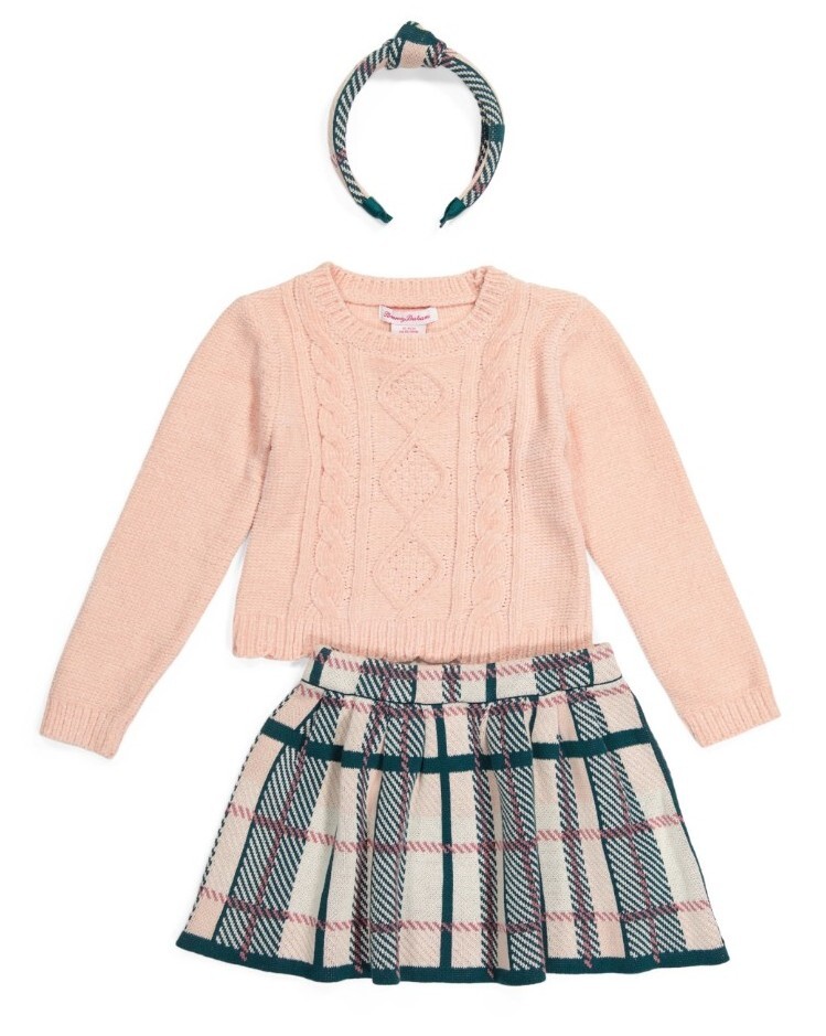 NEW Girls TOMMY BAHAMA 3 Piece Set Winter Plaid Skirt Pink Sweater Headband 2T