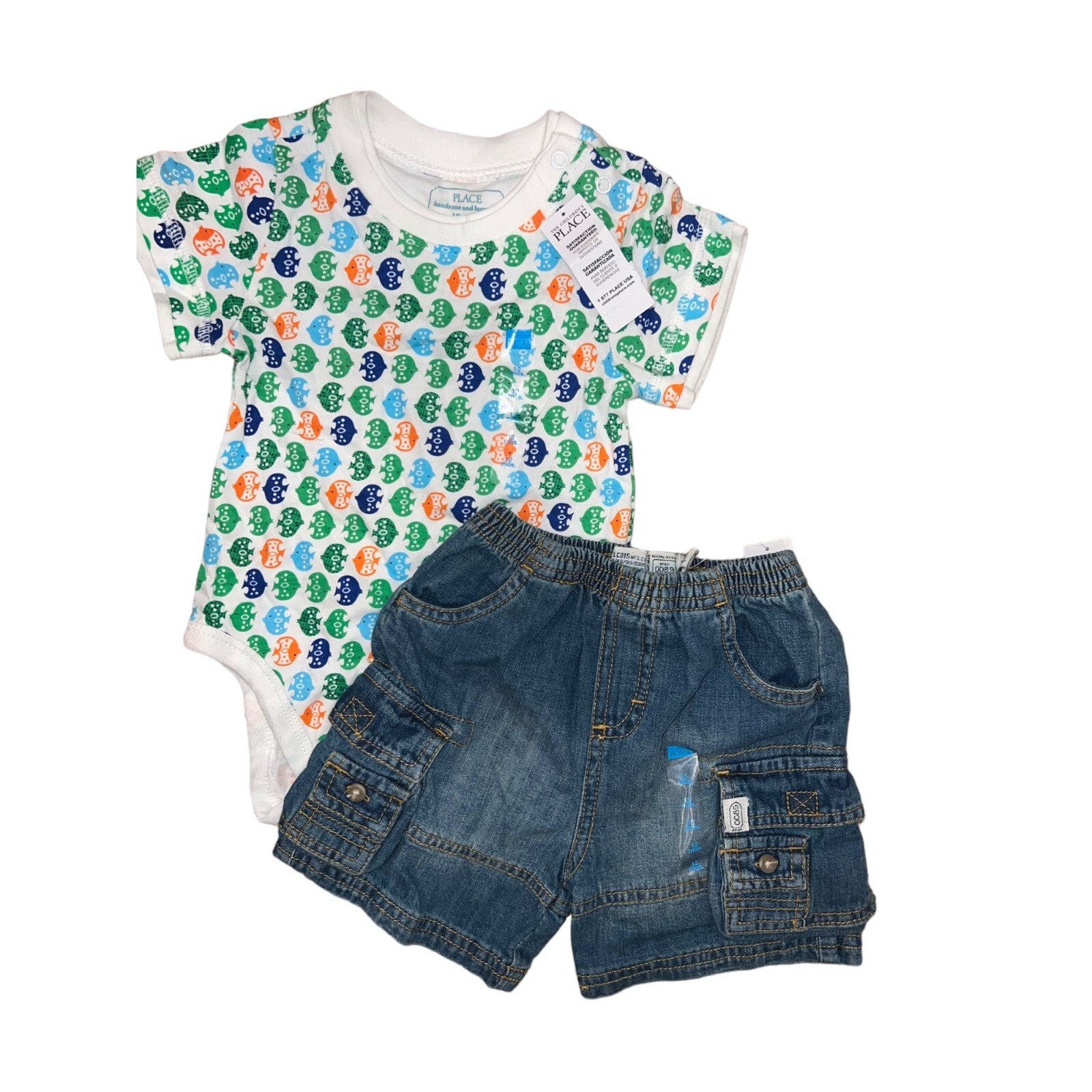 NEW Childrens place 2008 fish bodysuit one piece LOT with Jean shorts size 12mon