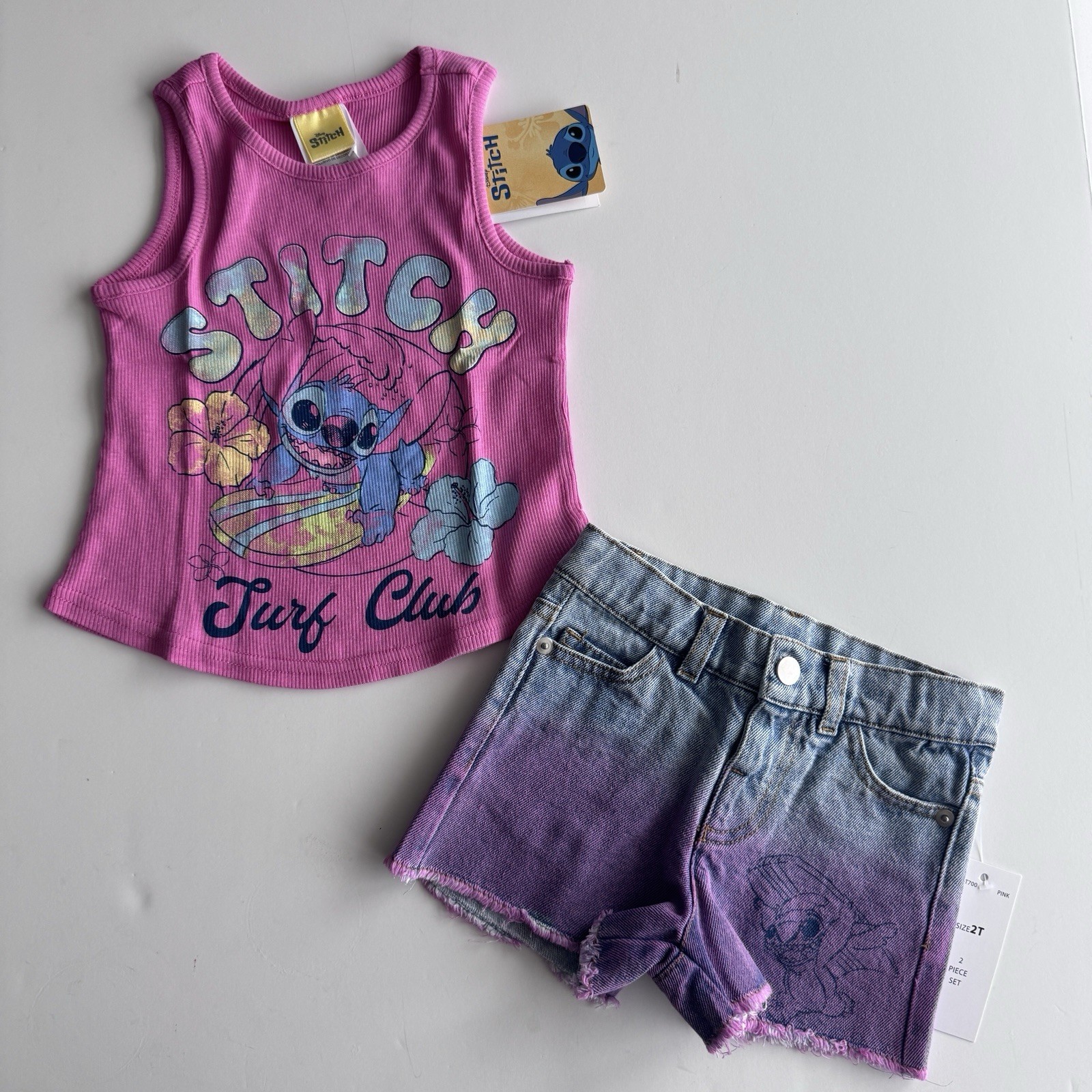 Disney Stitch Toddler Girls 2-Piece Shorts Outfit Pink/Denim Size 2T NWT NEW