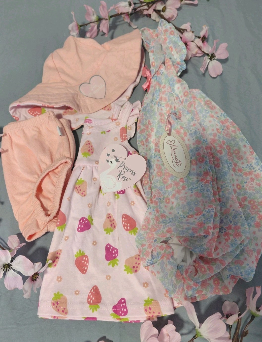 Mannette Girls Pink Floral 3pc Dress Bloomers Hat Set Reversible 6-9M