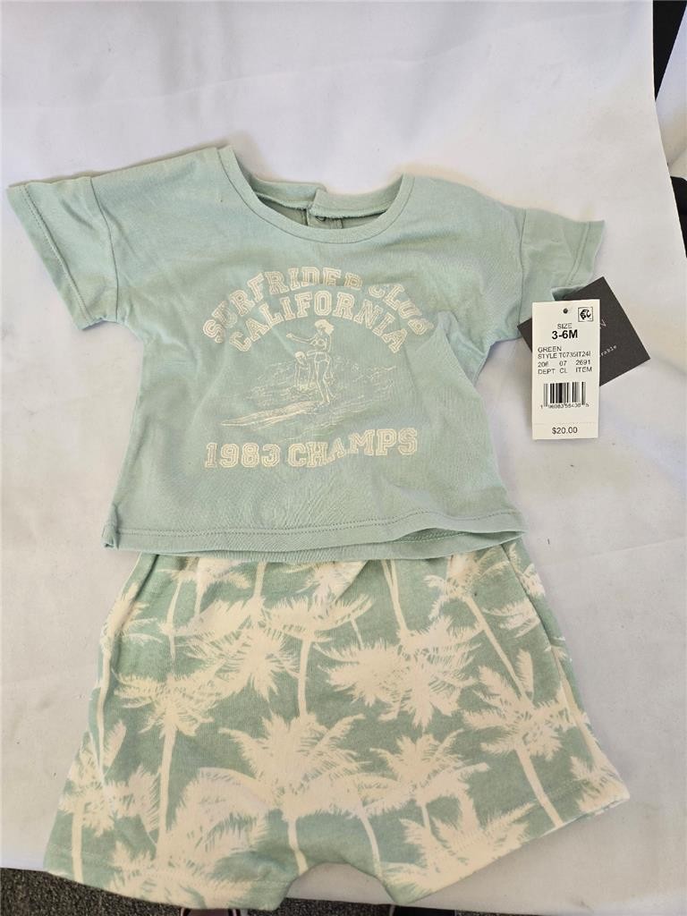 -= Grayson Mini 3-6M Outfit 2 Pc Green Shorts Shirt Surfrider Club CA 1983 Champ