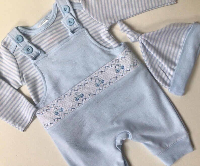 Baby boys Spanish smocked cars top dungaree and hat blue set 0-3 3-6 months