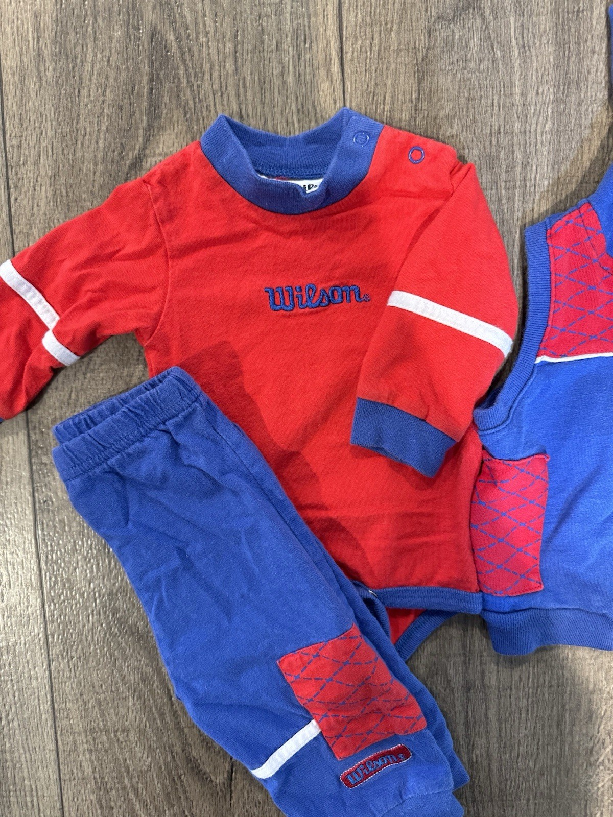 Vintage Wilson 3 piece red blue geometric bodysuit pants hooded vest set 3-6m