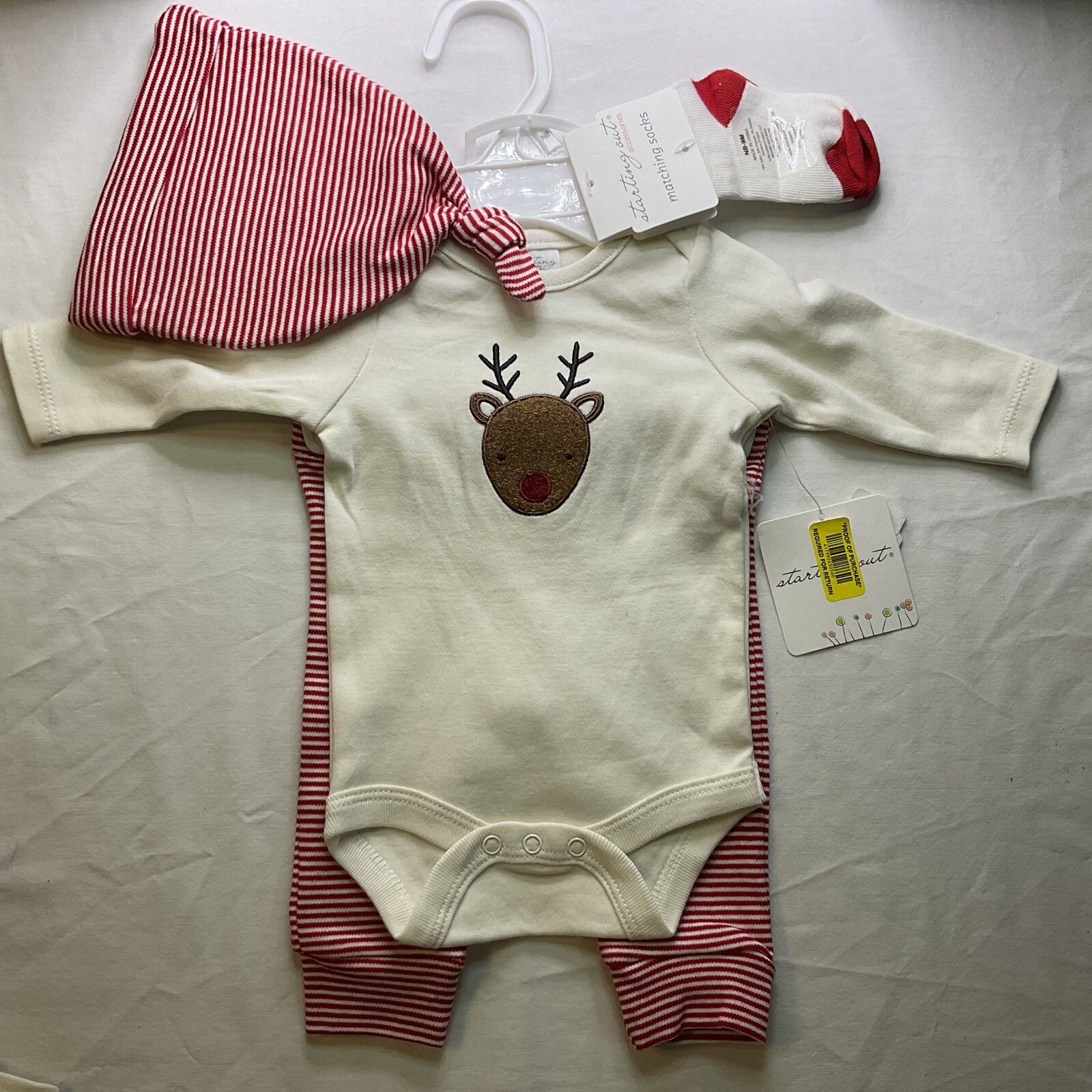 STARTING OUT Infant Girls 4pc Bodysuit, Pants, Bib, Socks, Hat – Red, Size: 3M