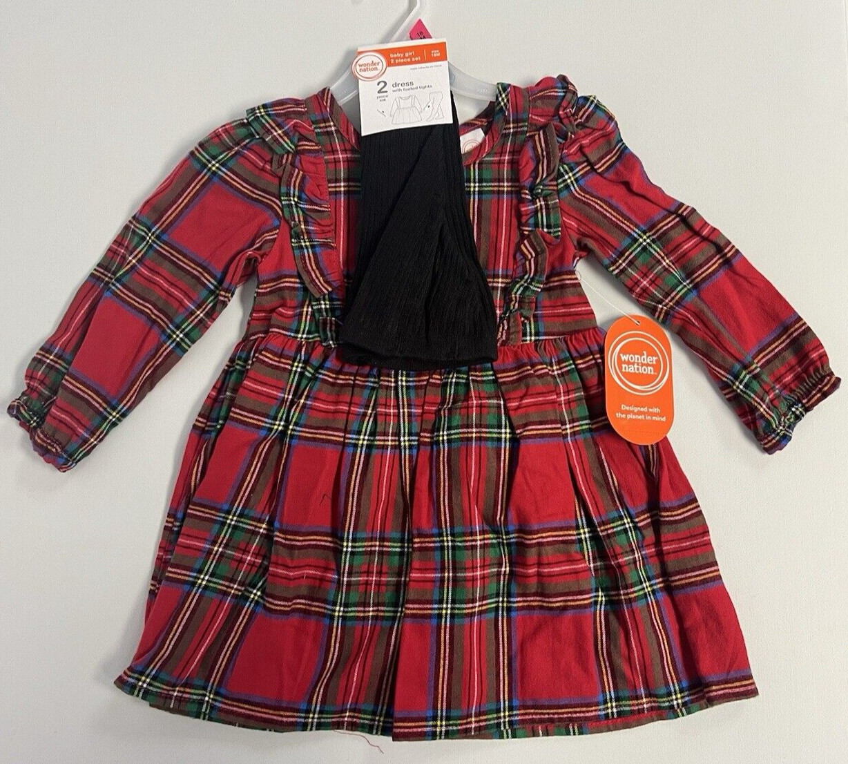 Girls Size 24M 2-Piece Red Plaid Dress & Black Footed Tights Set Outfit