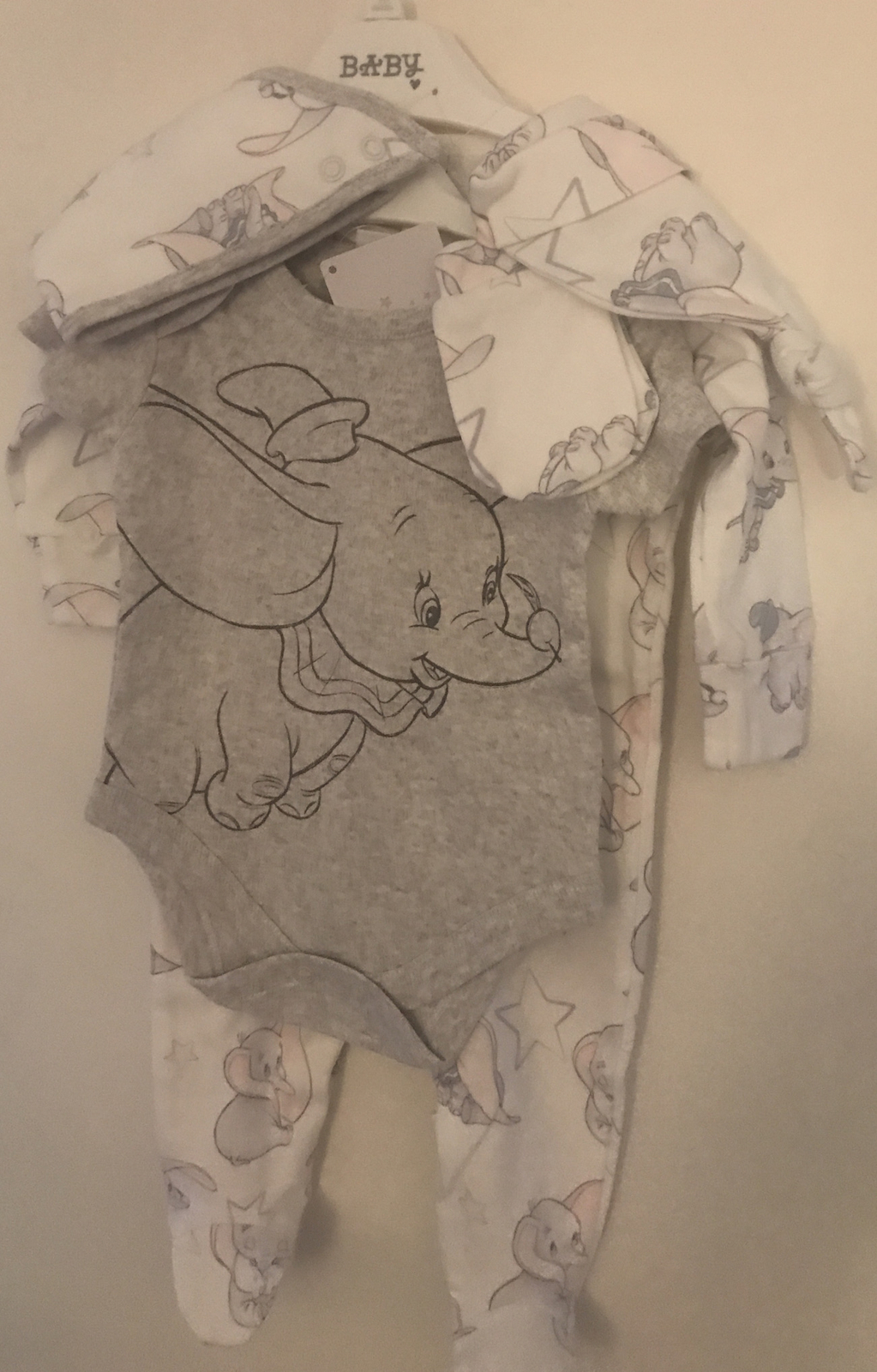 Disney Dumbo Baby 5 Piece Baby Grey & Cream Cotton Layette Set ~3 -6 Months ~