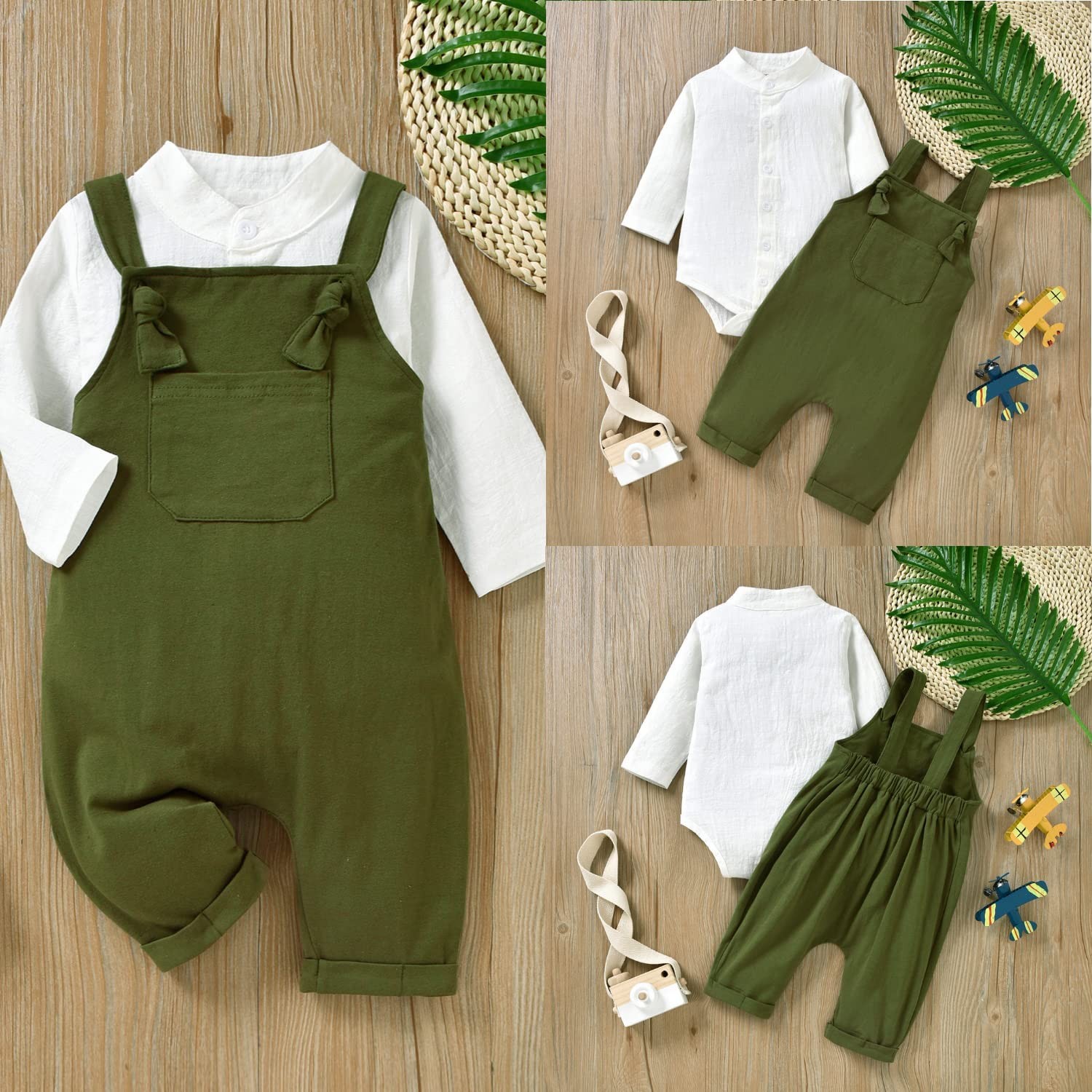 Unutiylo Baby Boys Overalls Linen Clothes 2PCS Set 6-12 Months, Greenwhite