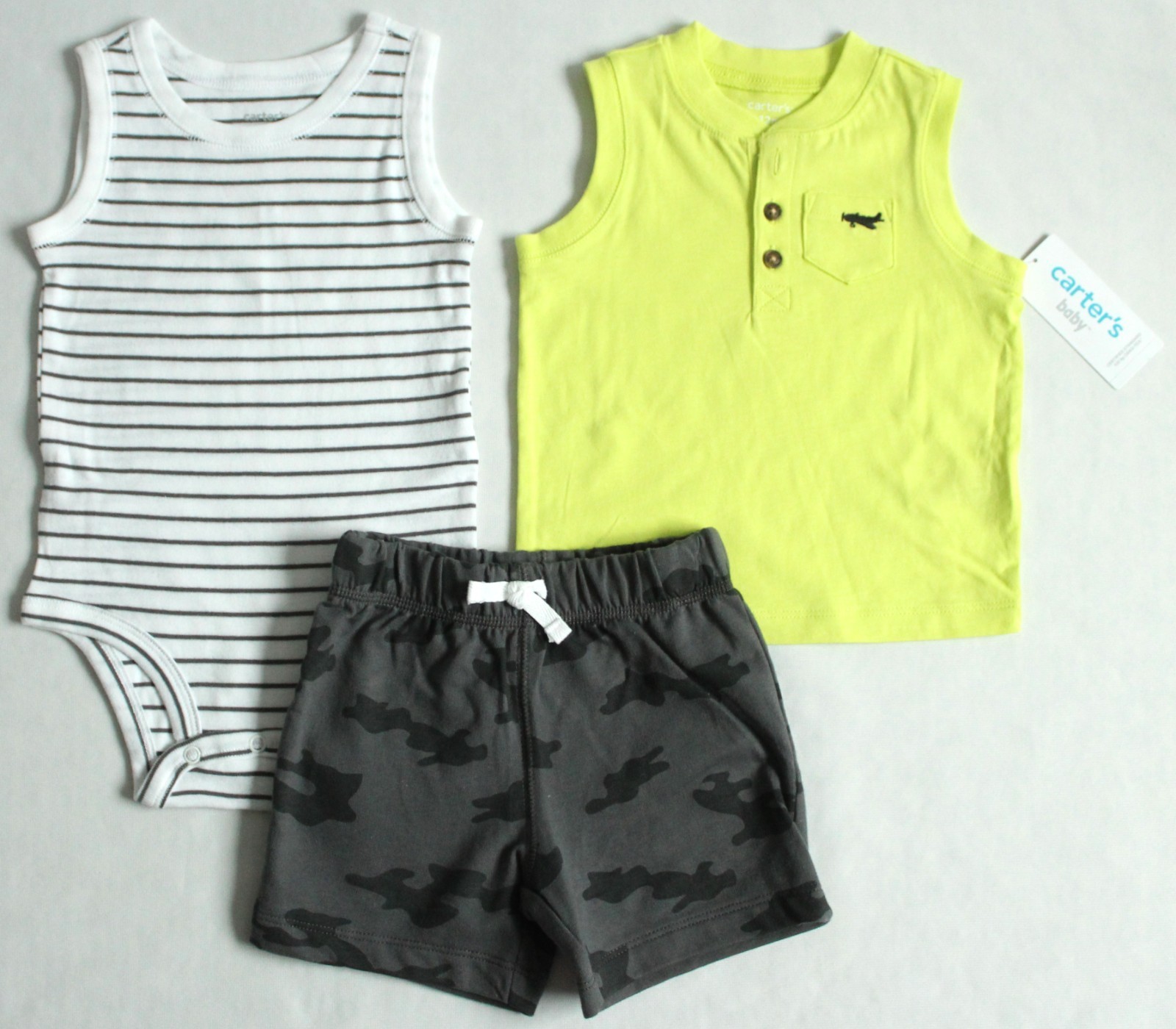 Carter’s Baby Boys Size 12M 3-Piece Little Shorts Set Airplane/Camo 100% Cotton