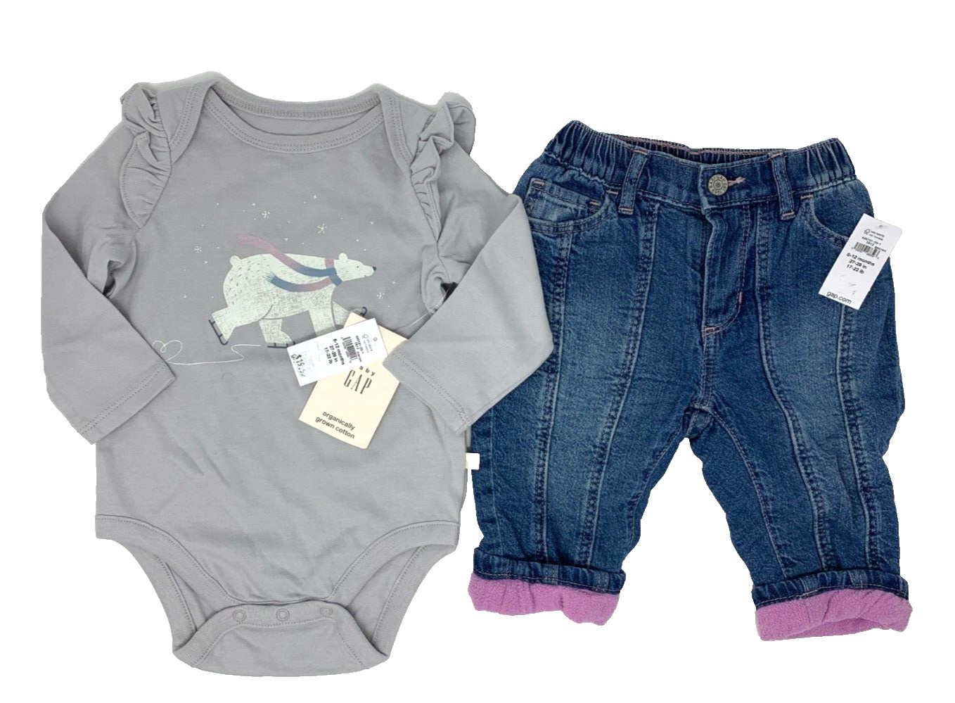 NWT Baby Gap Girls 6-12 Months Gray Polar Bear Bodysuit and Fleece Lined Jeans