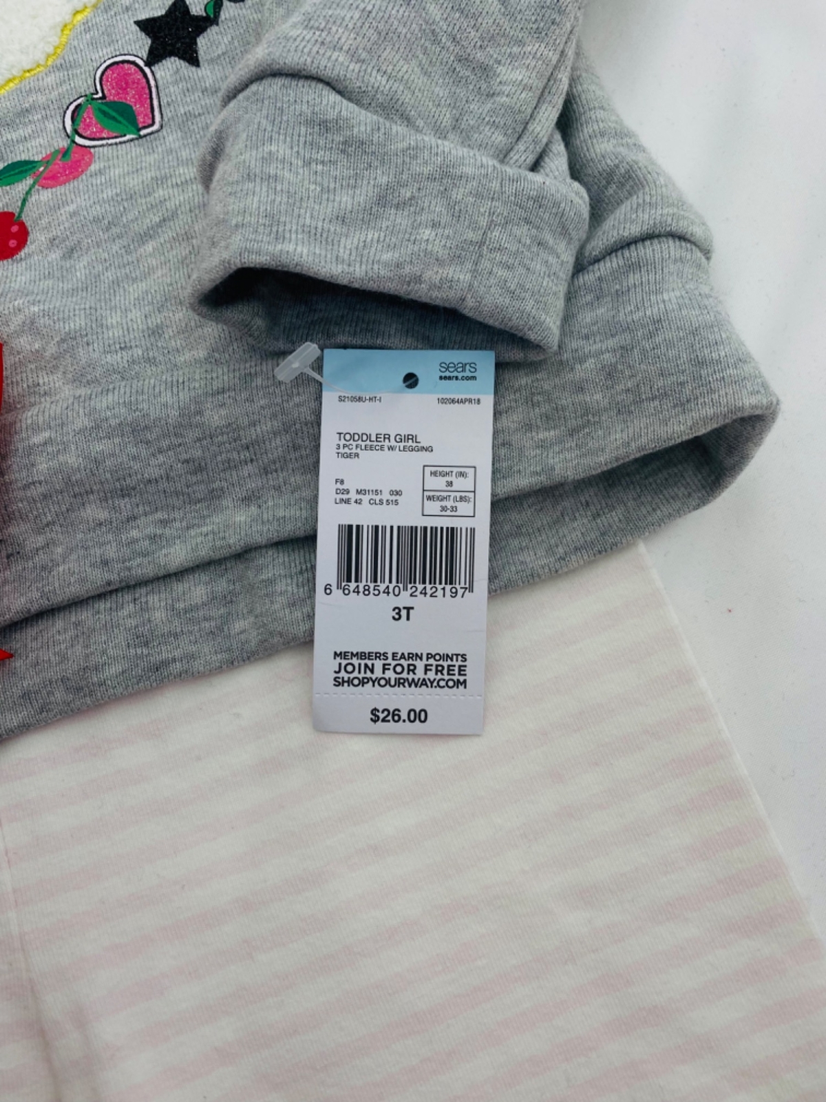 Toughskins Girls Size 3T Sweatshirt Bow and Leggings Grey Pink Red 3 Piece Set
