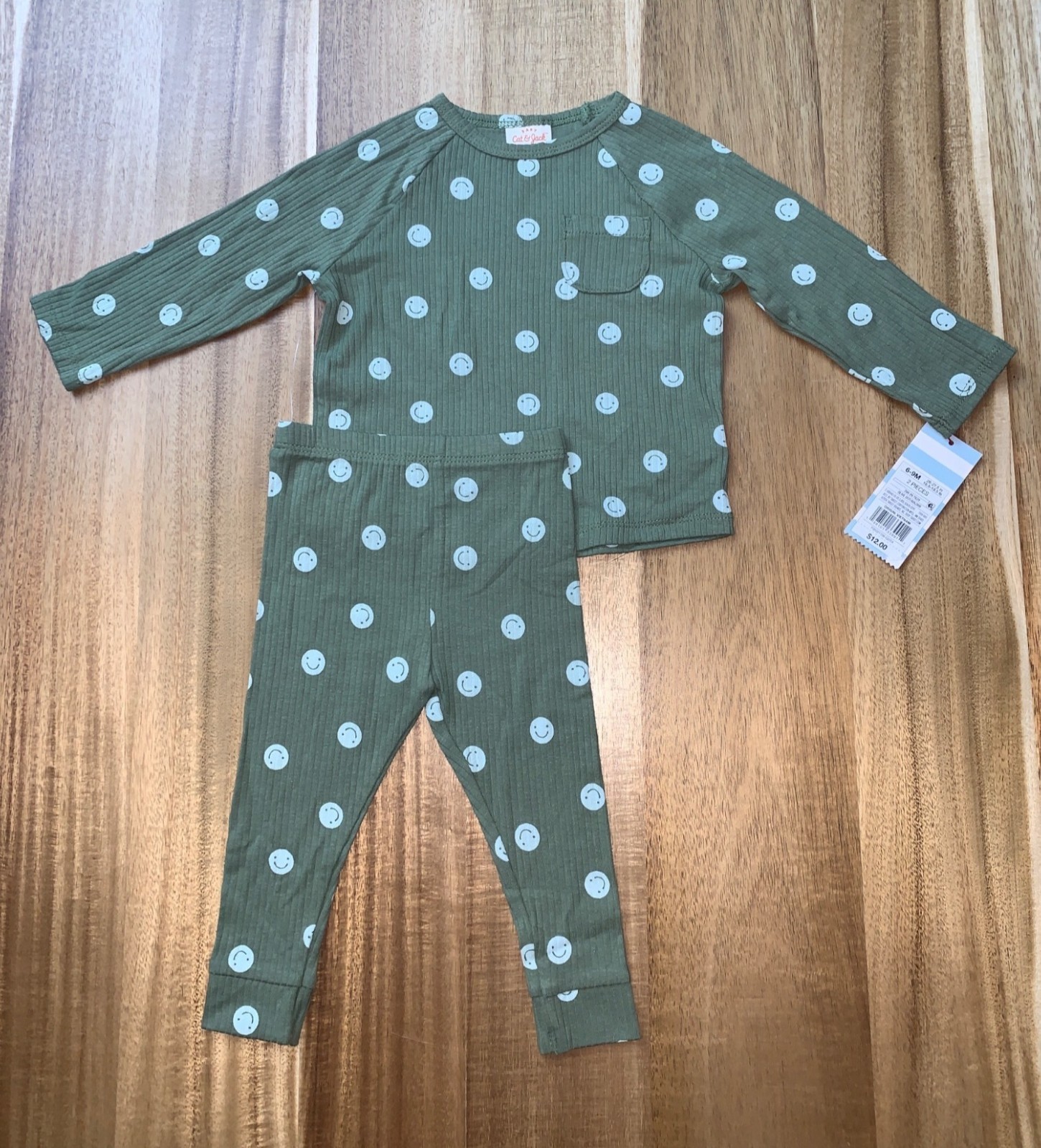 Cat & Jack Baby 2-Piece Olive Green Dot Smiley Face Pattern Outfit Set Size 6-9M