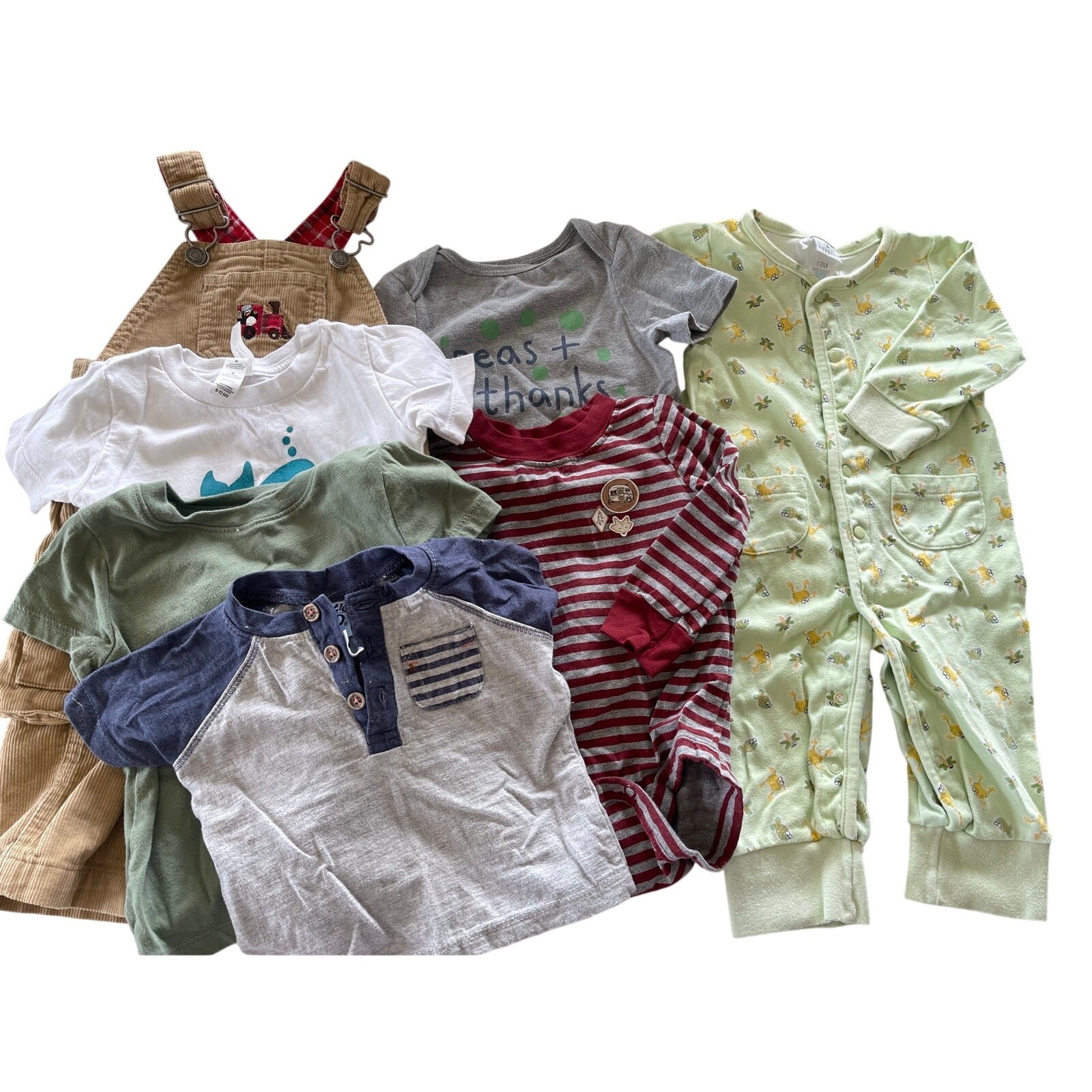 6m-12m Clothing Lot 7pc Boy Mixed Brand Baby Overalls Romper Tees Used