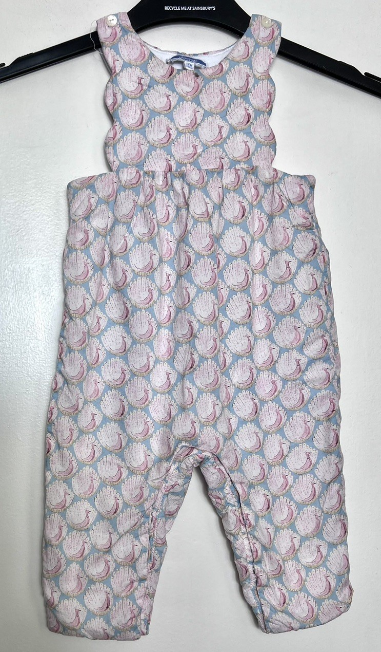 JACADI Paris Blue Pink Peacock Bird Cotton Dungarees Romper 12 months designer