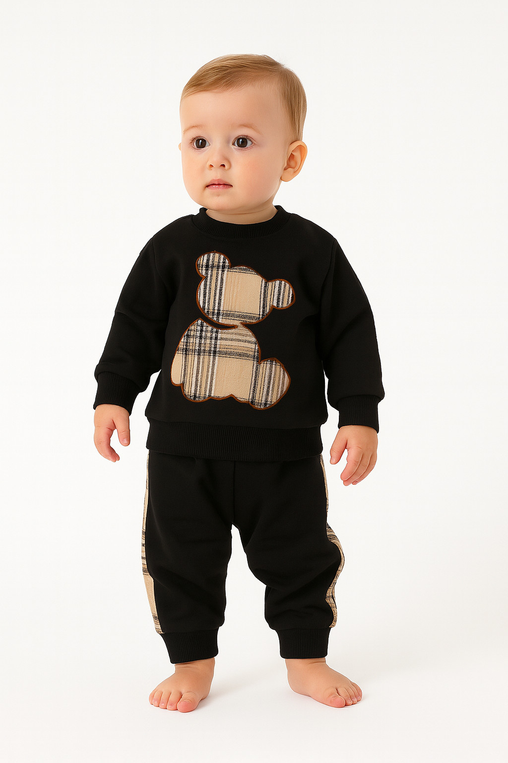 Long Sleeve Plaid Print Bear Embroidered Sweatshirt And Sweatpants Size 12-18 M