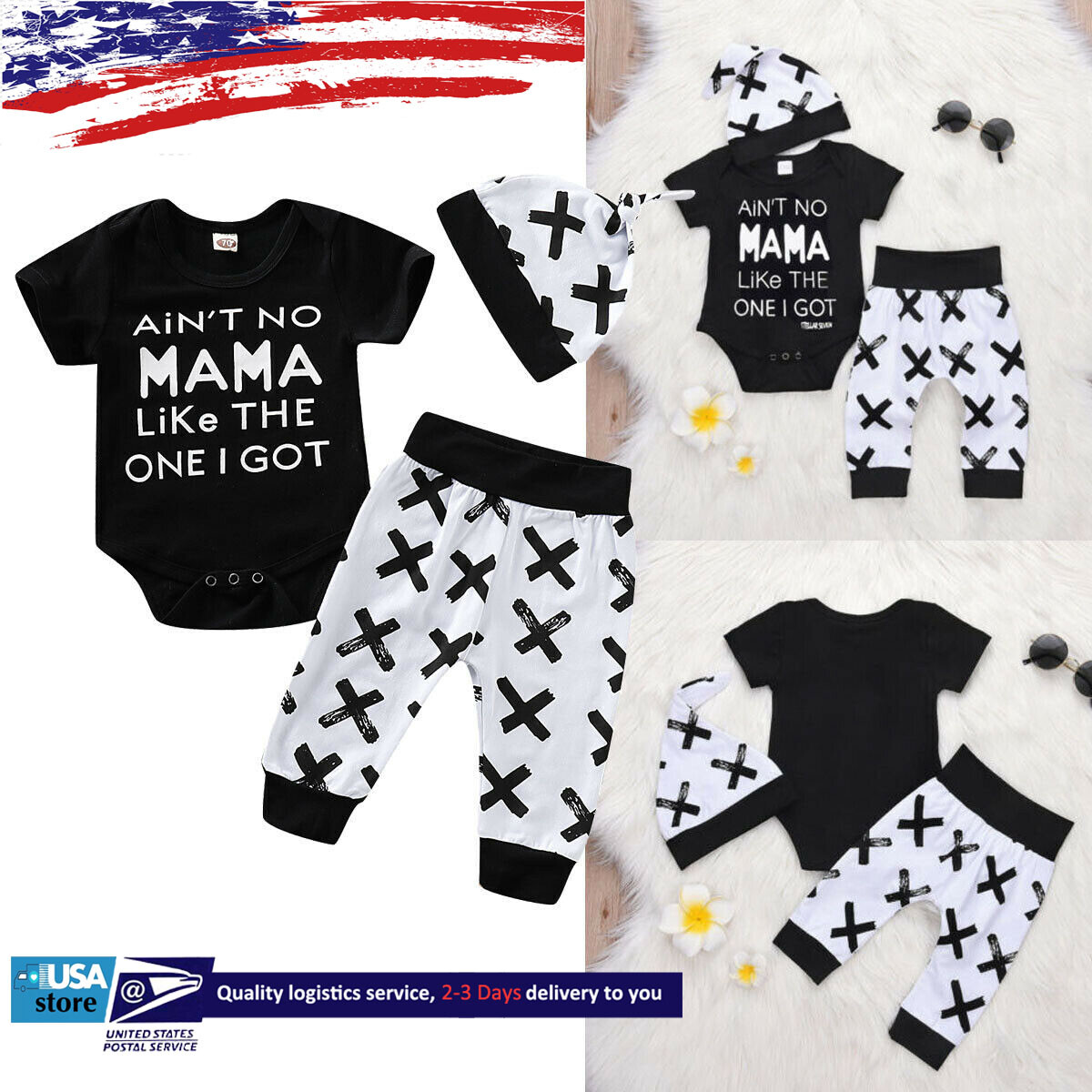 Infant Baby Girl Boy Clothes Set Letter Print Jumper Tops Pants Hat Outfits