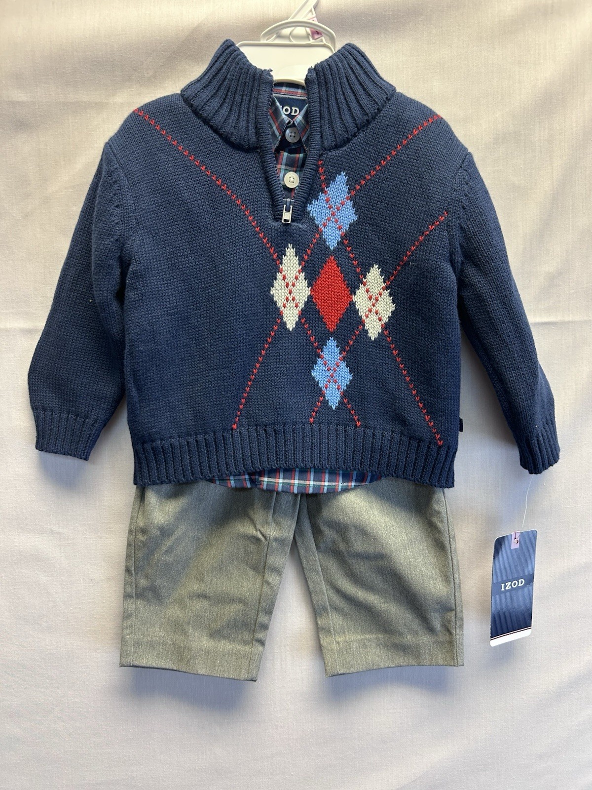 IZOD Baby Boy 3 Piece Argyle Sweater Set Plaid Shirt Pants 6-9 Mo. NWT MSRP $65
