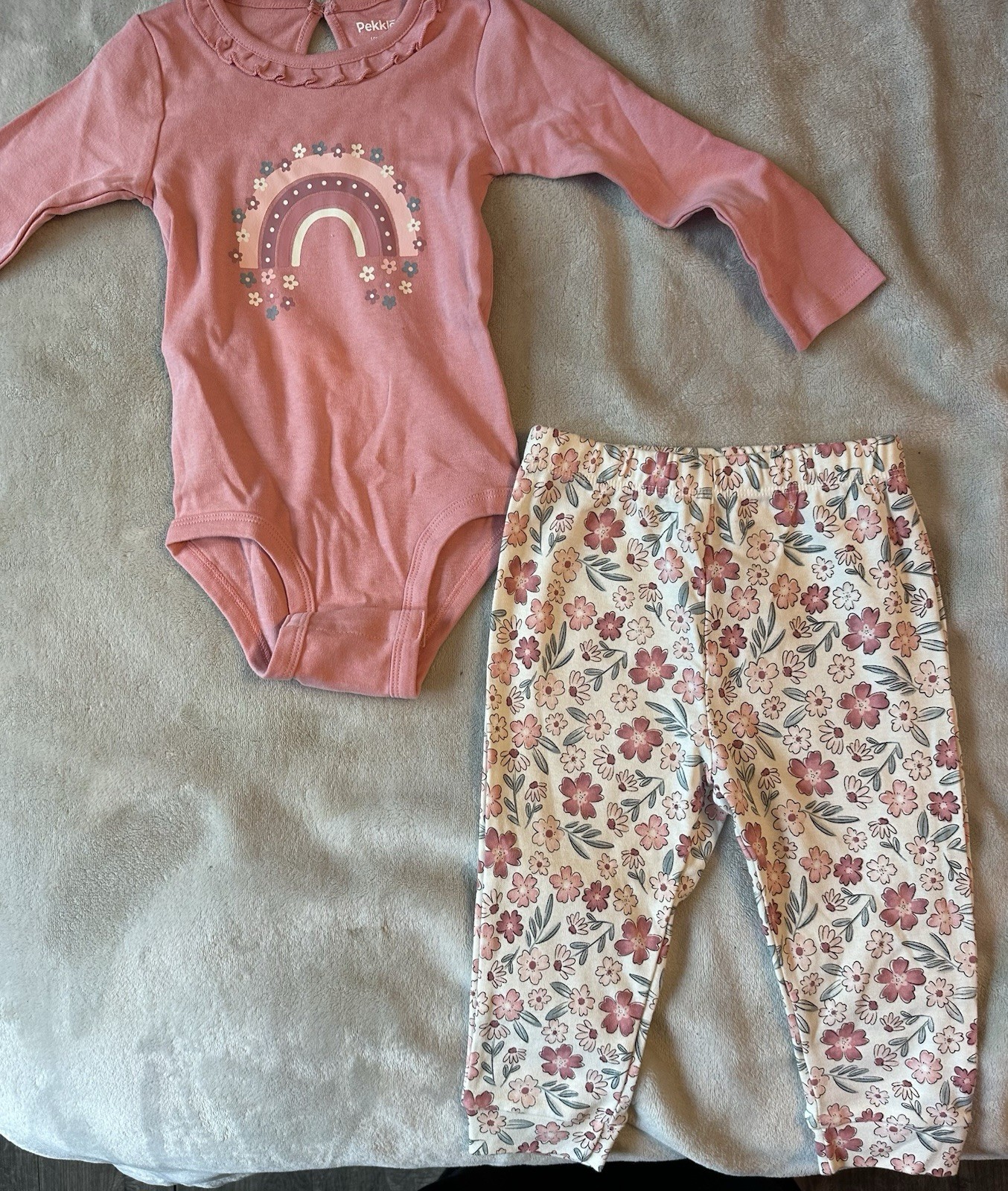 Pekkle Girls 18M 2pc Pink Rainbow Long Sleeve Bodysuit & Floral Ruffle Pants