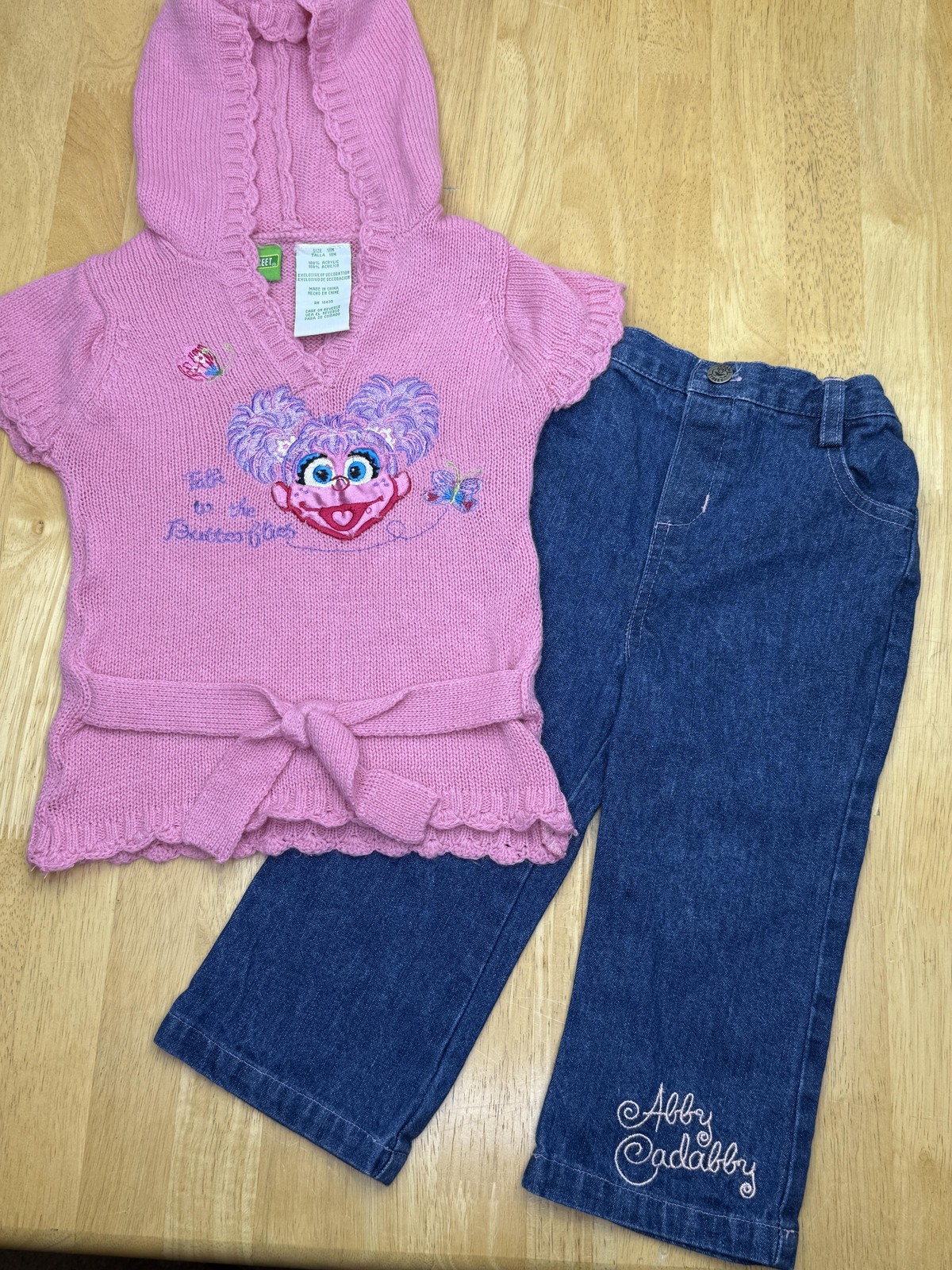 Sesame Street Abby Cadabby Pants Set Girls 12-18 Months Pink Sweater Denim Jeans
