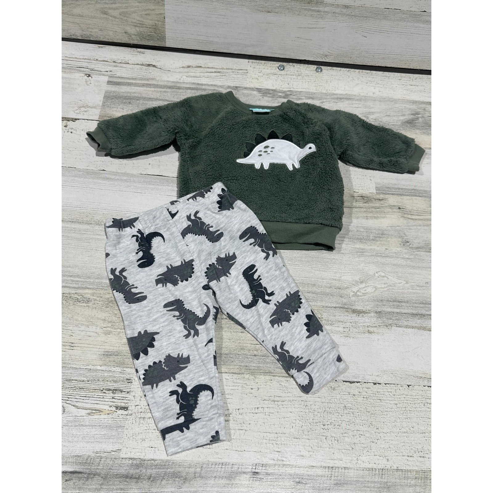 Pekkle Outfit Set Baby Boys 6M Green Dinosaur Sherpa Fleece Joggers EUC