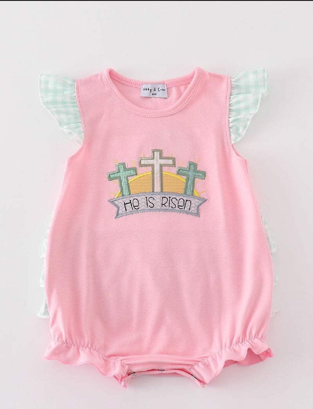 Girl’s Boutique Easter Pink He Is Risen Applique Embroidered Embroidery Bubble R