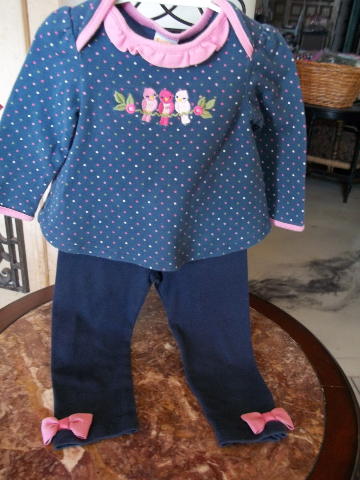 ’13 Gymboree Sweetie Bird ls swing top 12-18 pink bow navy leggings pant 18-24