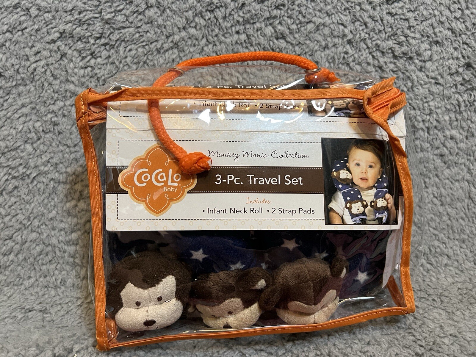 Cocalo Infant Neck Roli 2 Strap Pads Monkey Collection 3 Pc Travel Set
