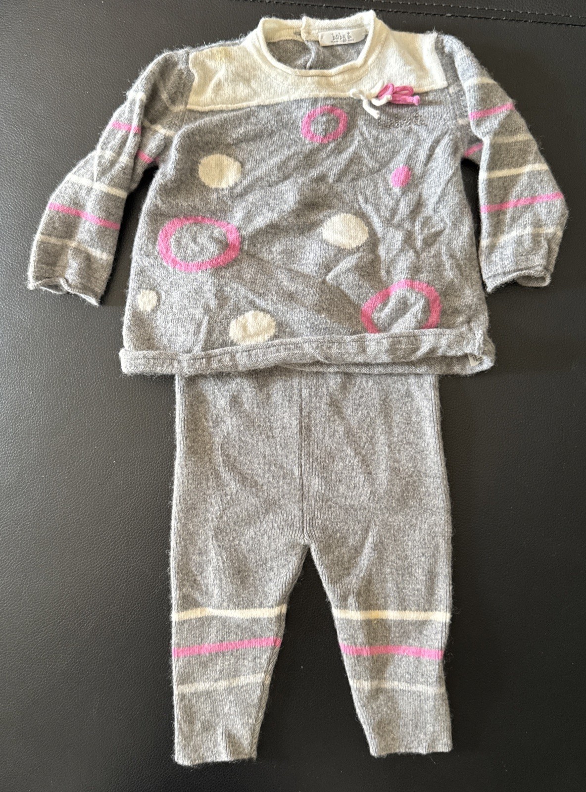 BABY T Grey White Pink Cashmere Wool Sweater Pants Set Infant Baby Outfit 3mo 3