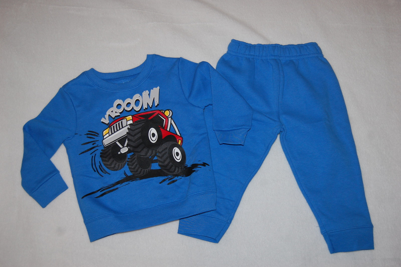 Baby Boys BLUE SWEATSHIRT Crew Neck MONSTER TRUCK “VROOOM” Sweat Pants 12 MO