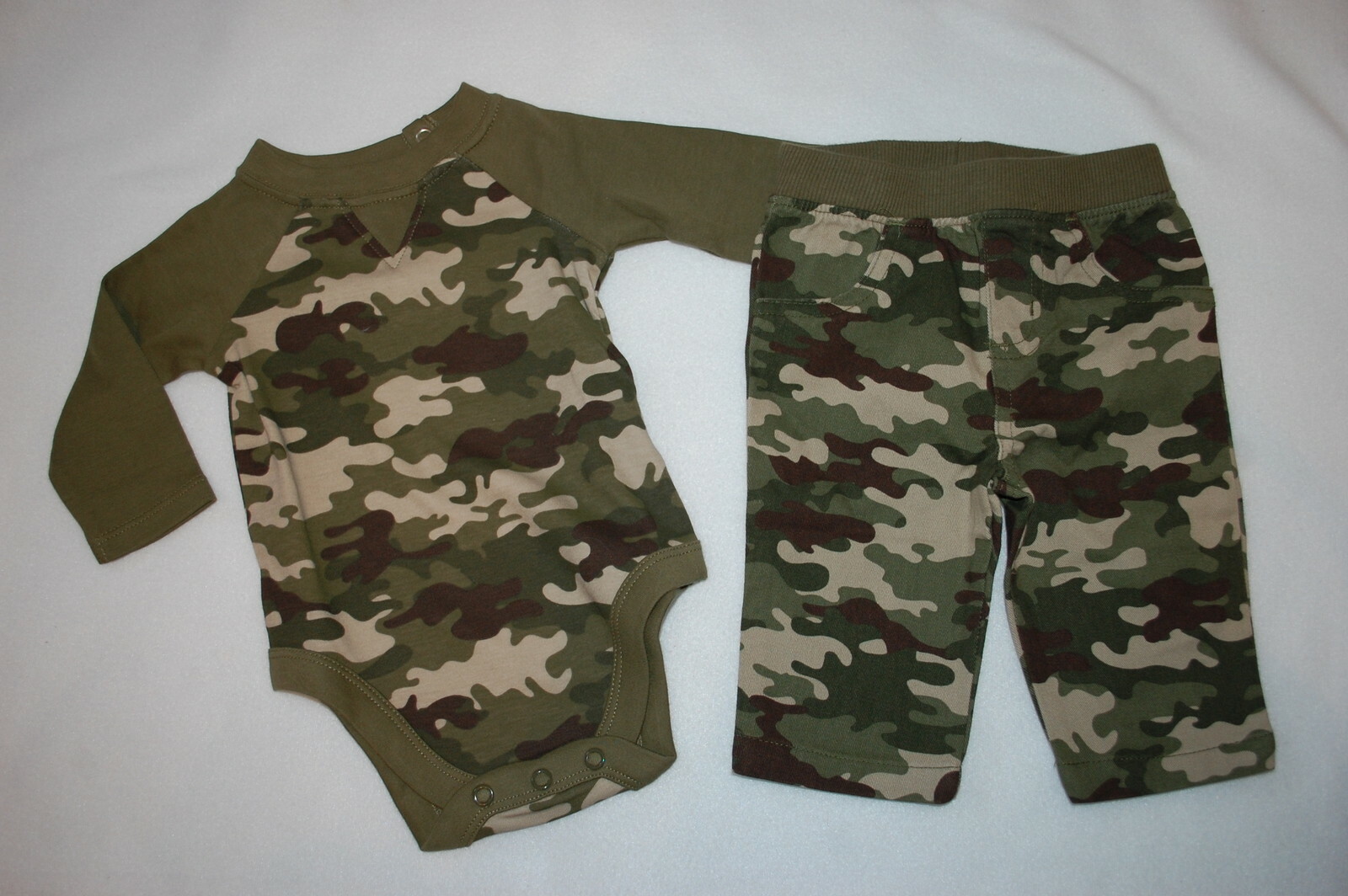 Baby Boys Outfit CAMOUFLAGE L/S BODYSUIT SHIRT & WOVEN PANTS Brown Green 24 MO