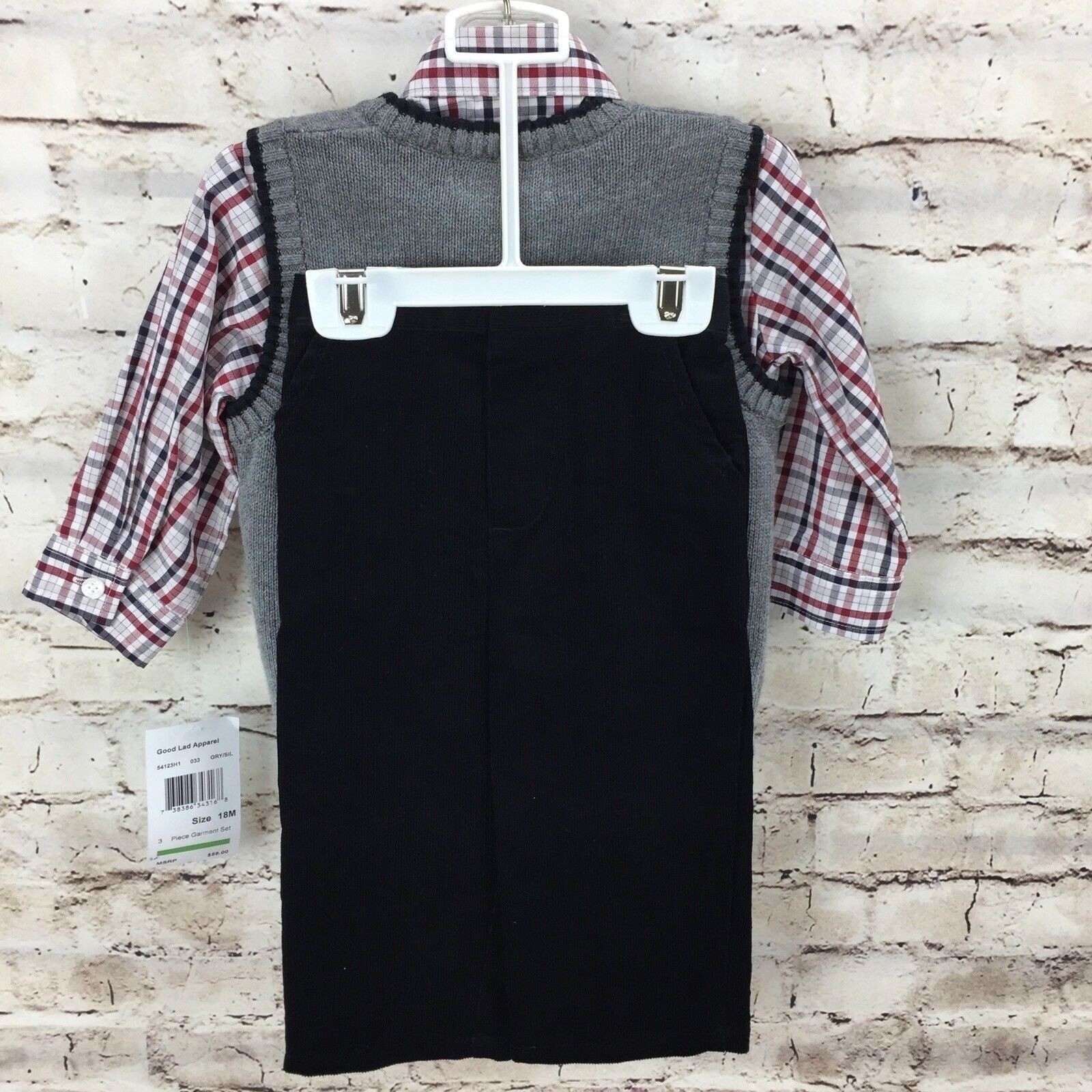 Good Lad Boys Outfit 18 M Sweater Vest Pant Toddler Black Red Gray 3 Pc