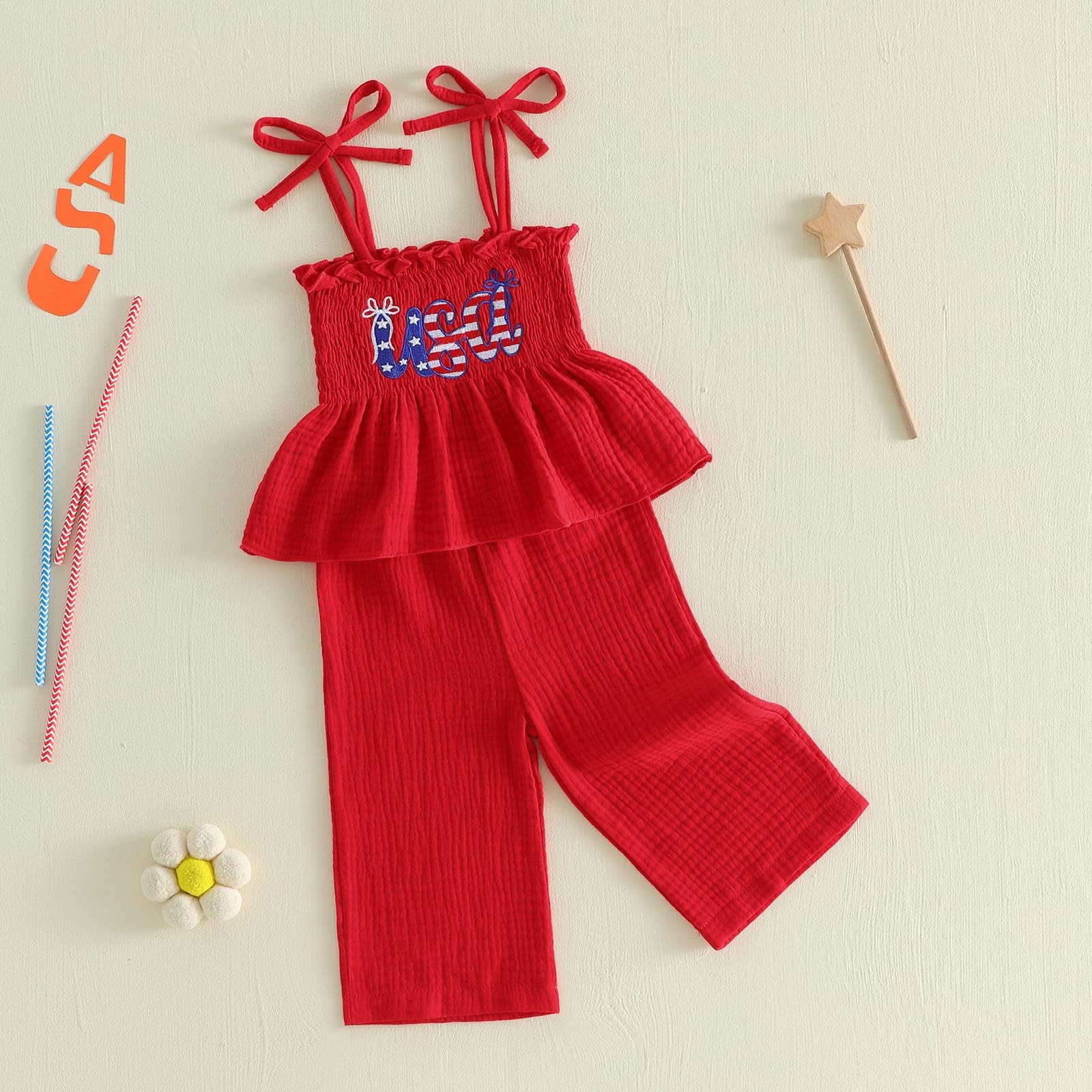 4th of July Toddler Girl Outfit USA Smocked Spaghetti Strap Tank Top Dress Wi…