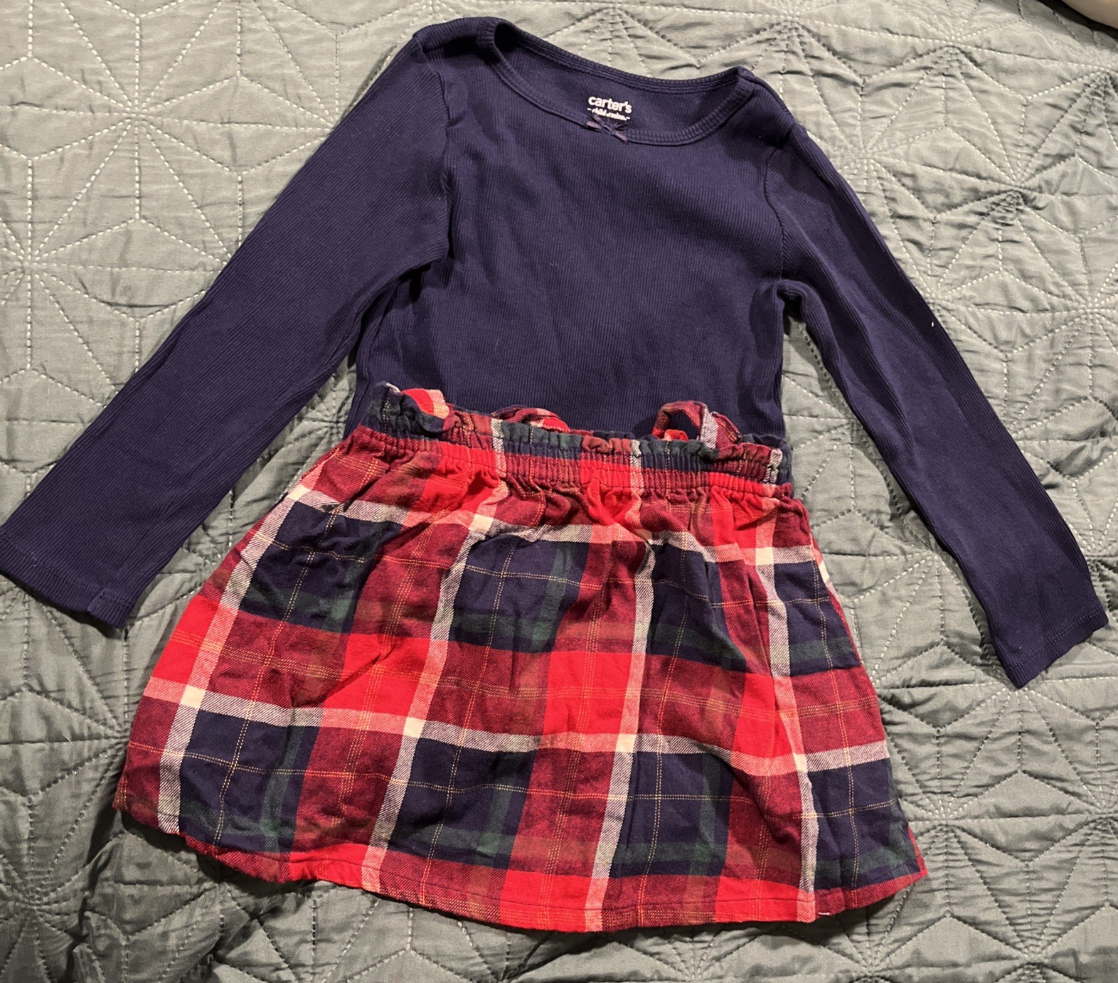 5T Girls Carters Child of Mine 2 Piece Long Sleeve Navy Shirt & Plaid Skirt Set