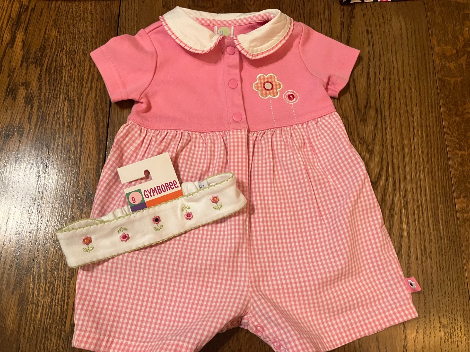Vtg Gymboree 01 Flower Power pink gingham Peter Pan collar shortie romper 3-6