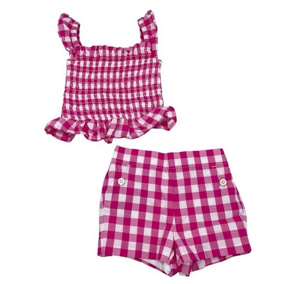 Janie & Jack Pink Gingham Smocked Ruffle Top Poplin Shorts Set Size 6-12 Months