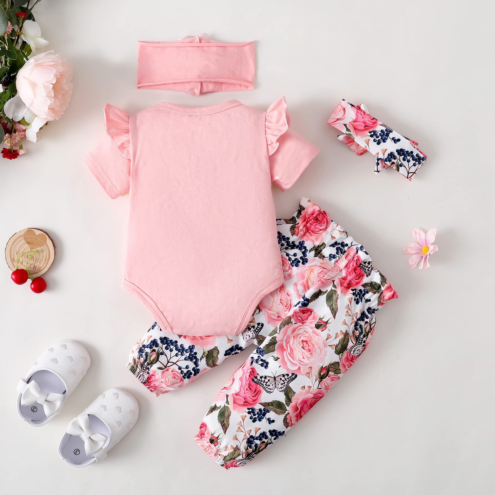 Pink Baby Girl Romper & Pant Set 6-12 Months – Short Sleeve Letter & Floral