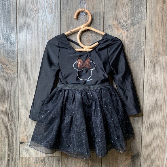 Disney Girls Black Minnie Mouse Long Sleeve Skirted Leotard Onepiece Size 3T