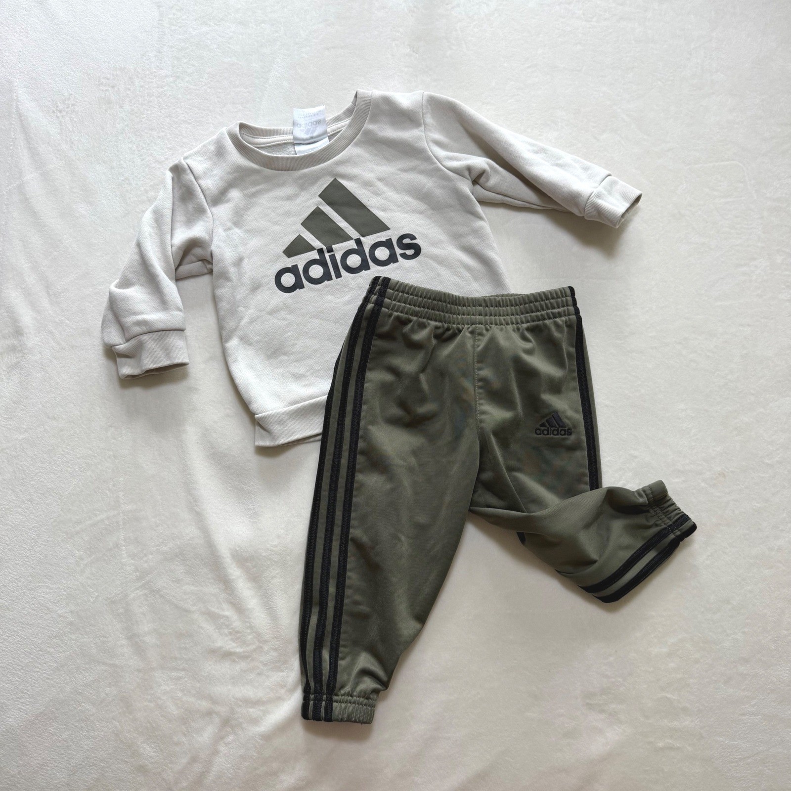 Adidas Sweatshirt and Joggers Set Baby Boys 12M Cream Olive Green Sporty Outfit