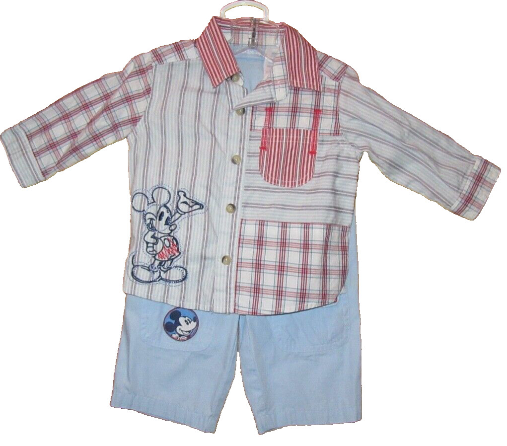 Walt Disney 9Mo L/S Button Shirt Pull Up Cargo Pants Great Preowned CUTE