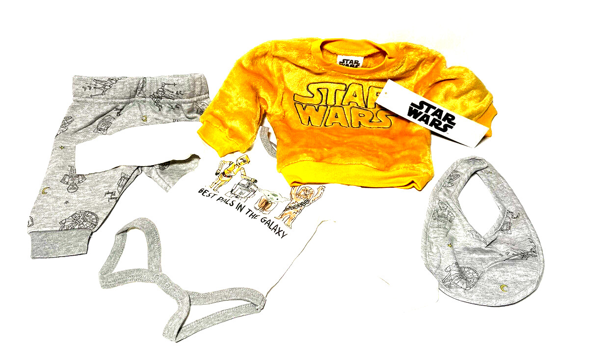 Star Wars Boys Infant 4 Piece Set Bodysuit Long Sleeve Sweatshirt Pants & Bib